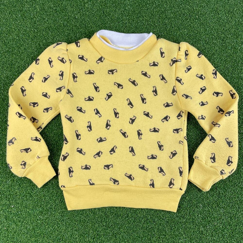 Vintage 60s 70s Penny Pals Penguin Print Yellow Layered Kids Crewneck Sz 4T